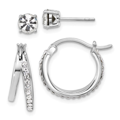 Sterling Silver Platinum Flash-Plated White Crystal Post/hoop Earring Set
