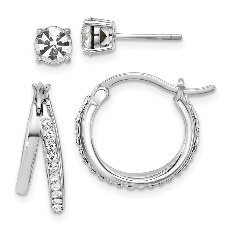 Sterling Silver Platinum Flash-Plated White Crystal Post/hoop Earring Set