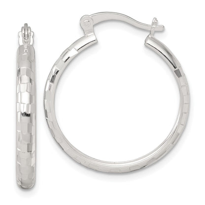 Sterling Silver Polished Diamond-Cut 25x3mm Round Hoop Earrings