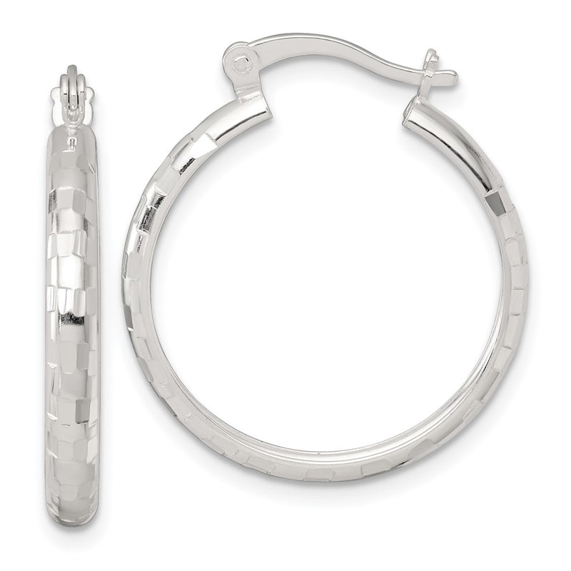 Sterling Silver Polished Diamond-Cut 25x3mm Round Hoop Earrings