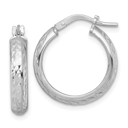 Sterling Silver Rhodium Plated Polished and Diamond-Cut Hoop Earrings