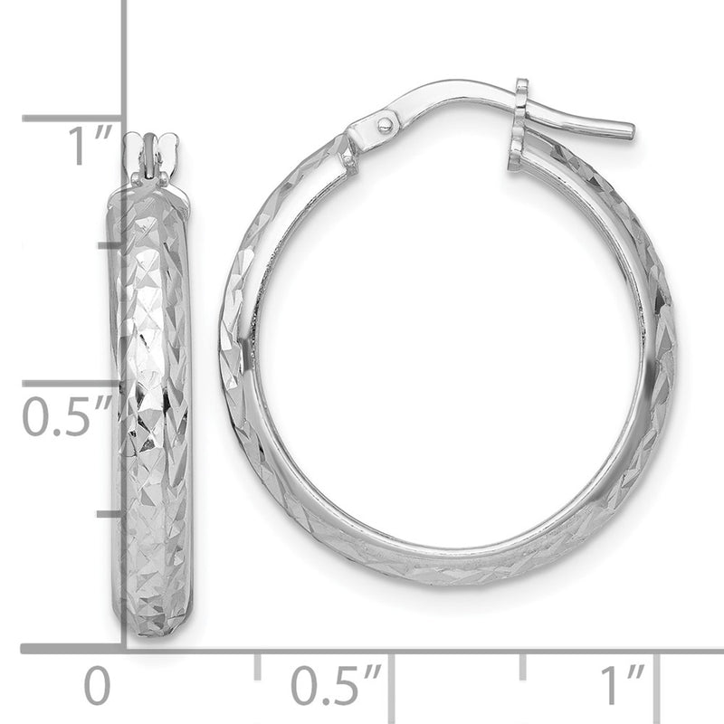 Sterling Silver Rhodium Plated Polished and Diamond-Cut Hoop Earrings