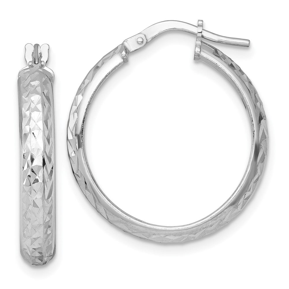 Sterling Silver Rhodium Plated Polished and Diamond-Cut Hoop Earrings