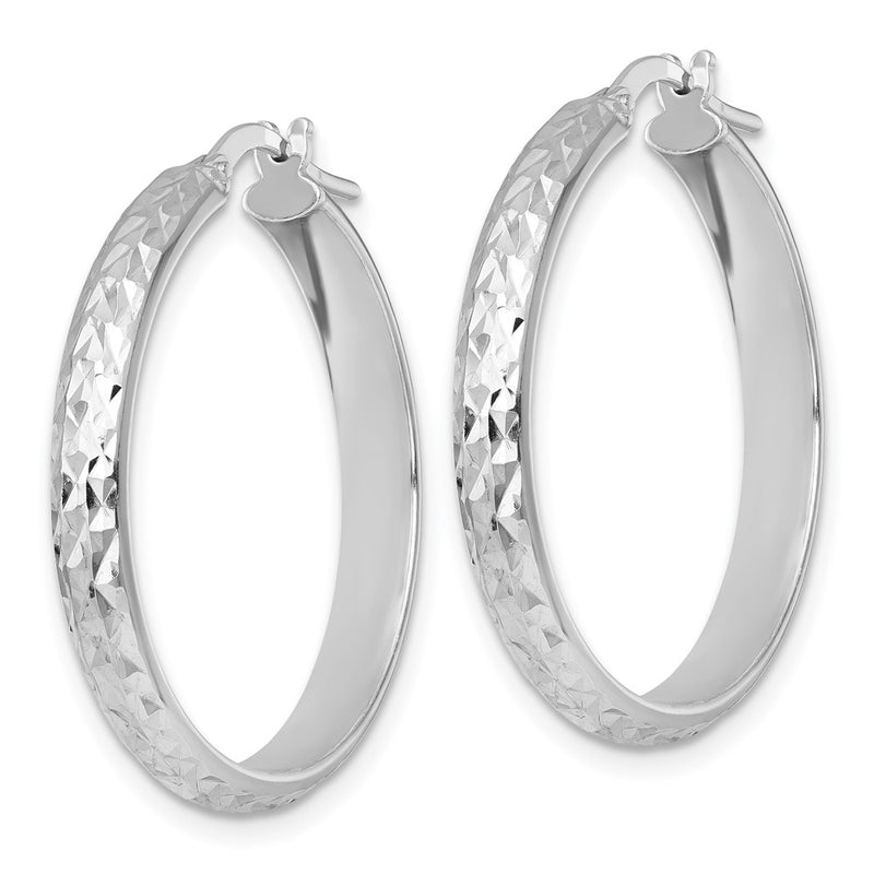 Sterling Silver Rhodium Plated Polished and Diamond-Cut Hoop Earrings