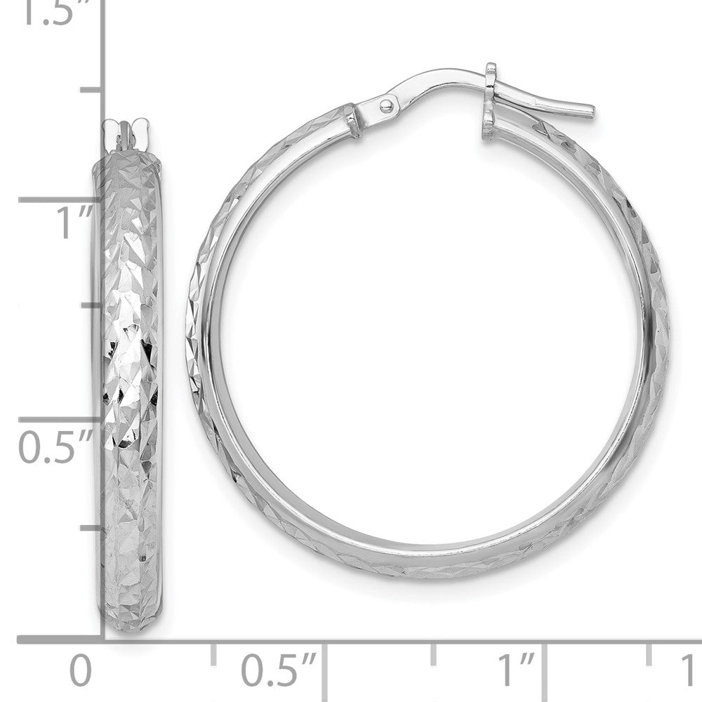 Sterling Silver Rhodium Plated Polished and Diamond-Cut Hoop Earrings