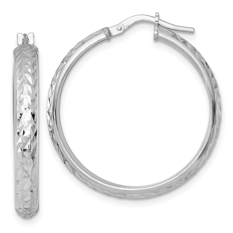 Sterling Silver Rhodium Plated Polished and Diamond-Cut Hoop Earrings