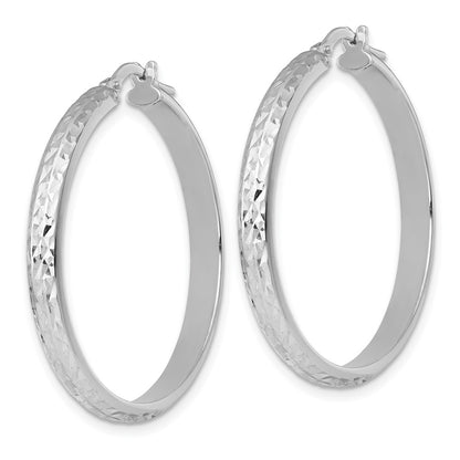 Sterling Silver Rhodium Plated Polished and Diamond-Cut Hoop Earrings