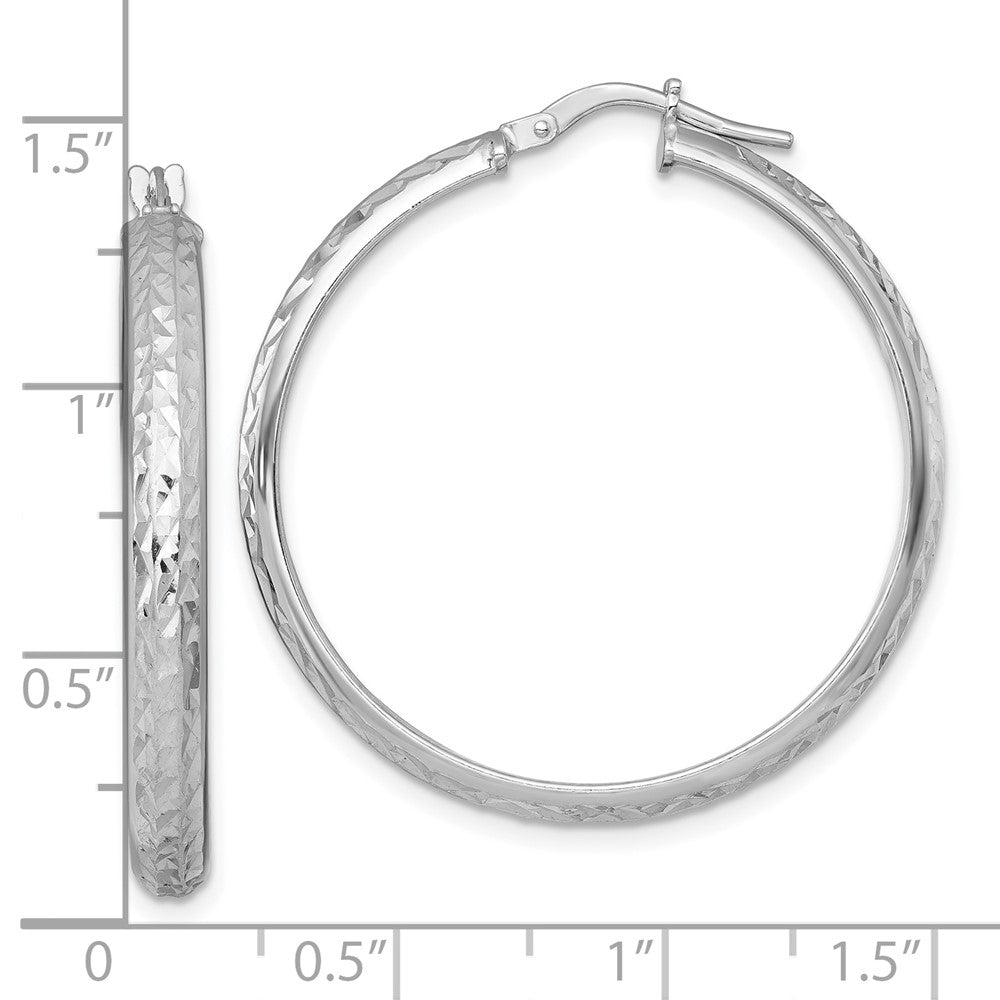 Sterling Silver Rhodium Plated Polished and Diamond-Cut Hoop Earrings