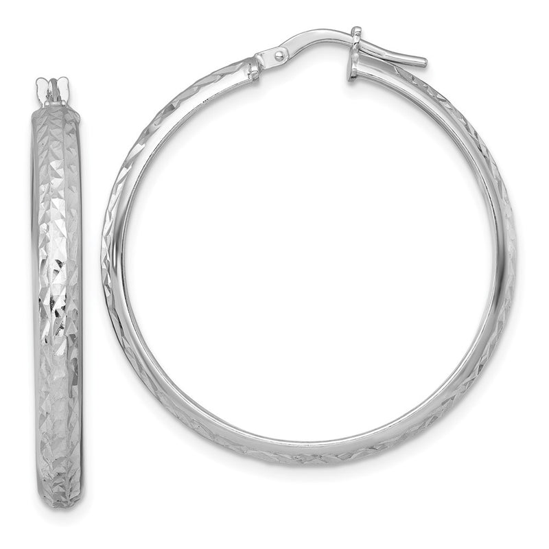 Sterling Silver Rhodium Plated Polished and Diamond-Cut Hoop Earrings