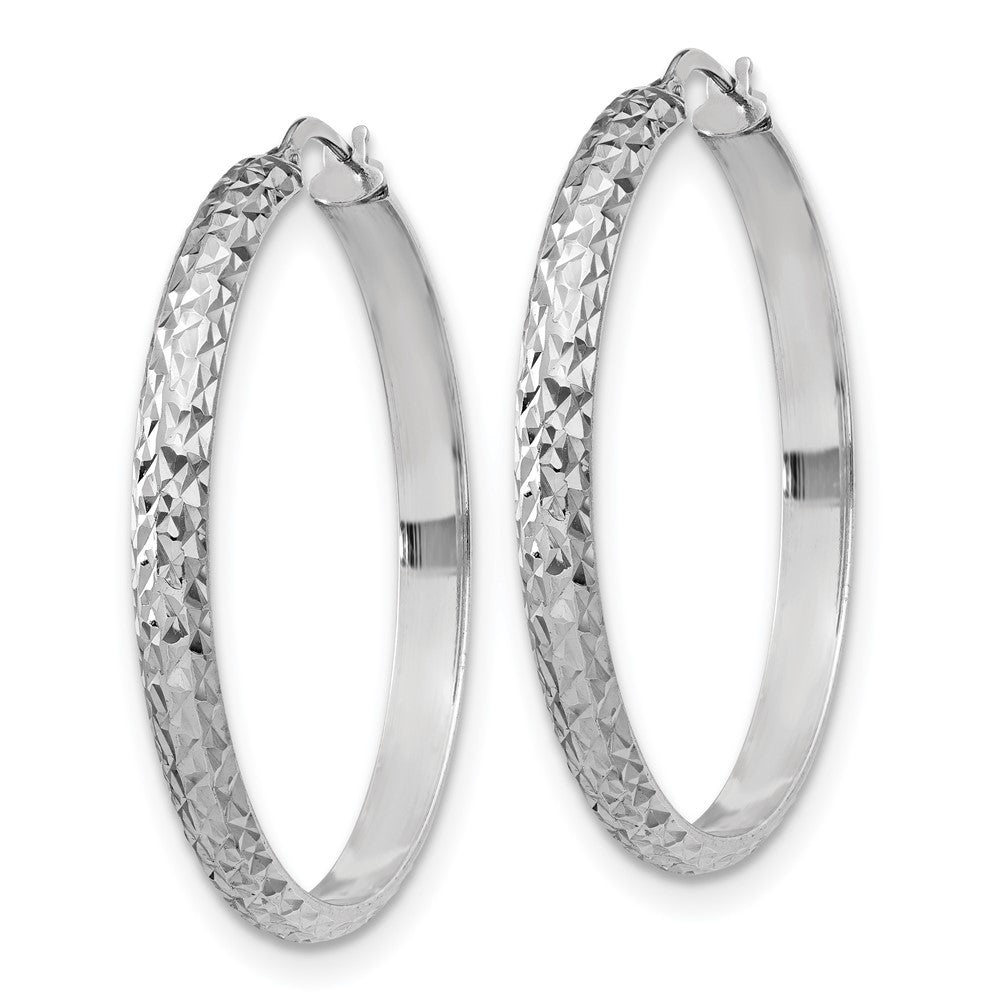 Sterling Silver Rhodium Plated Polished and Diamond-Cut Hoop Earrings