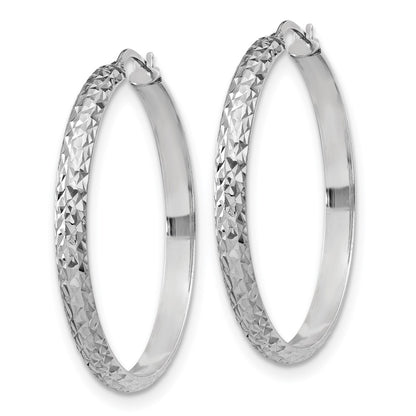 Sterling Silver Rhodium Plated Polished and Diamond-Cut Hoop Earrings