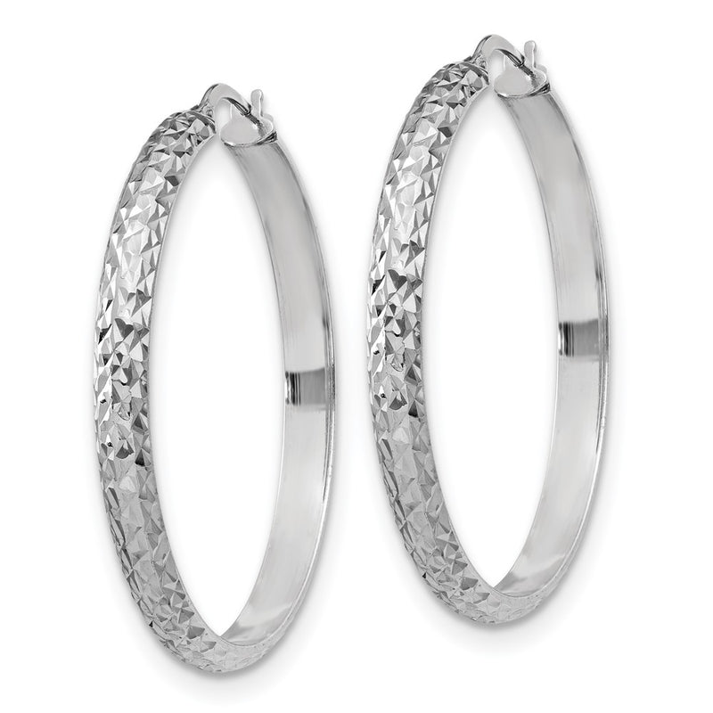 Sterling Silver Rhodium Plated Polished and Diamond-Cut Hoop Earrings