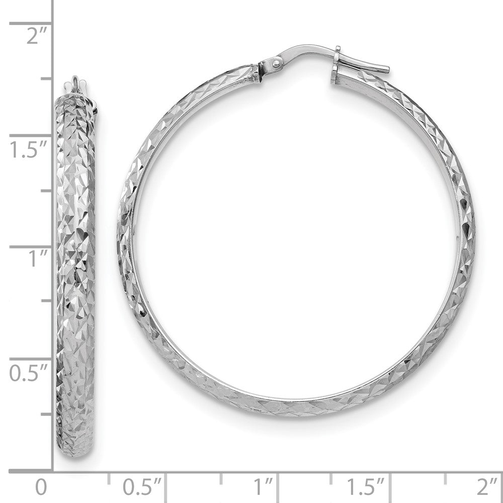 Sterling Silver Rhodium Plated Polished and Diamond-Cut Hoop Earrings