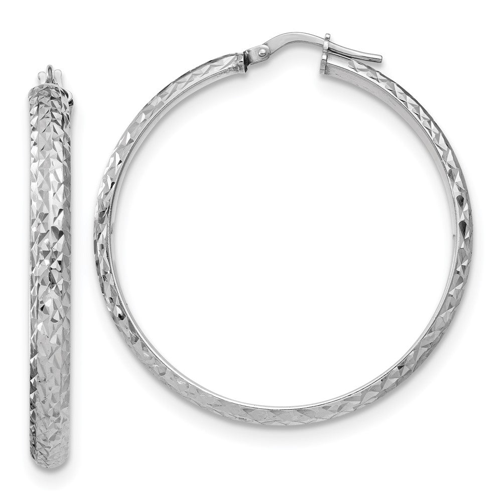 Sterling Silver Rhodium Plated Polished and Diamond-Cut Hoop Earrings