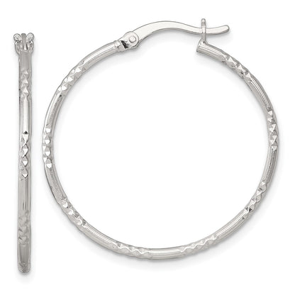 Sterling Silver Polished D/c Textured 30x1.5mm Round Hoop Earrings