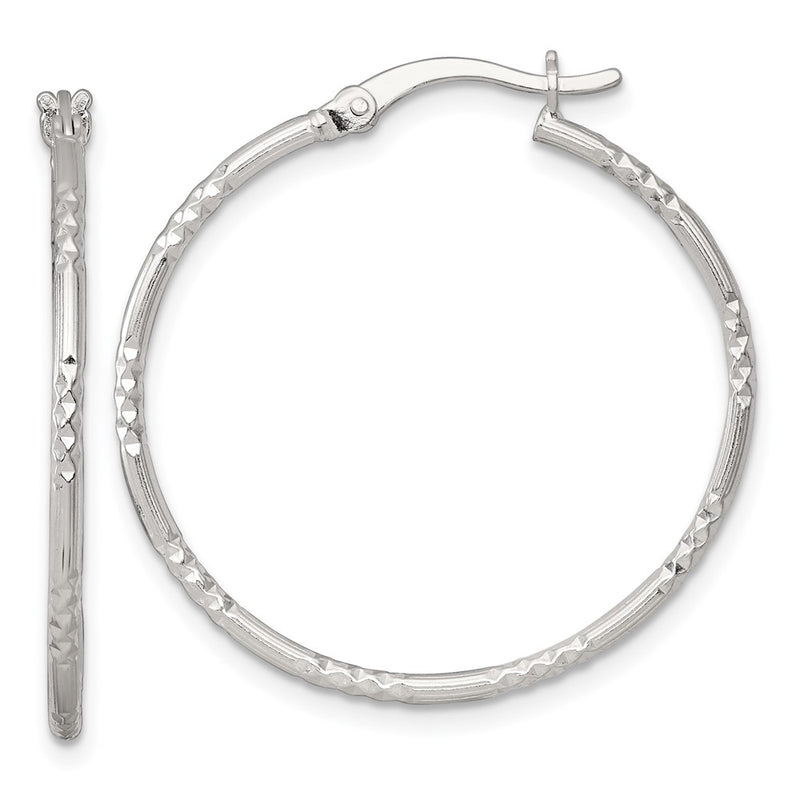 Sterling Silver Polished D/c Textured 30x1.5mm Round Hoop Earrings