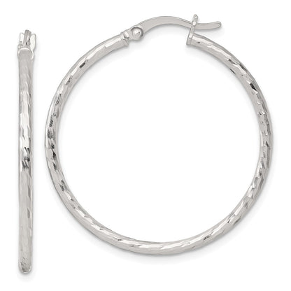 Sterling Silver Polished Diamond-Cut 35x2mm Round Hoop Earrings