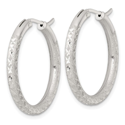 Sterling Silver Laser/dia-Cut 30x3.25mm Hidden Catch Round Hoop Earrings