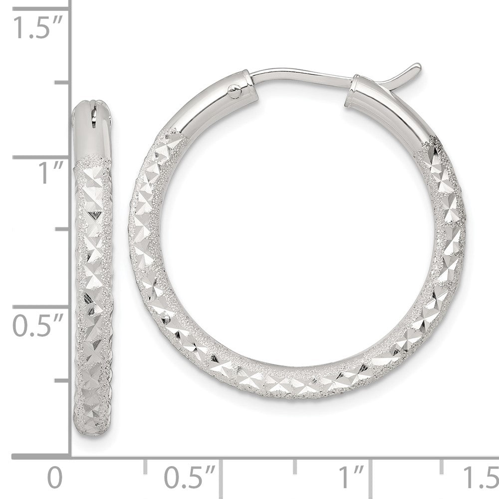 Sterling Silver Laser/dia-Cut 30x3.25mm Hidden Catch Round Hoop Earrings