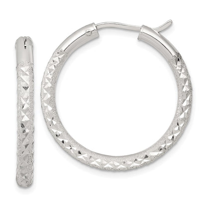 Sterling Silver Laser/dia-Cut 30x3.25mm Hidden Catch Round Hoop Earrings