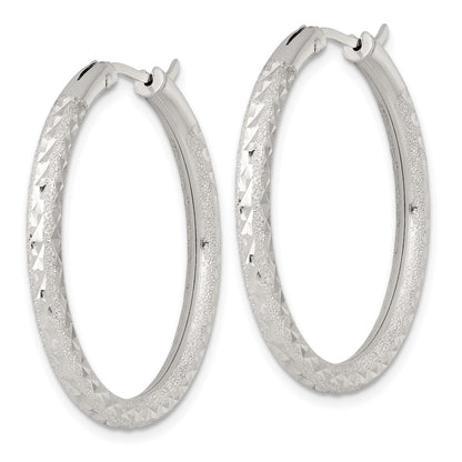 Sterling Silver Laser/dia-Cut 35x3.25mm Hidden Catch Round Hoop Earrings