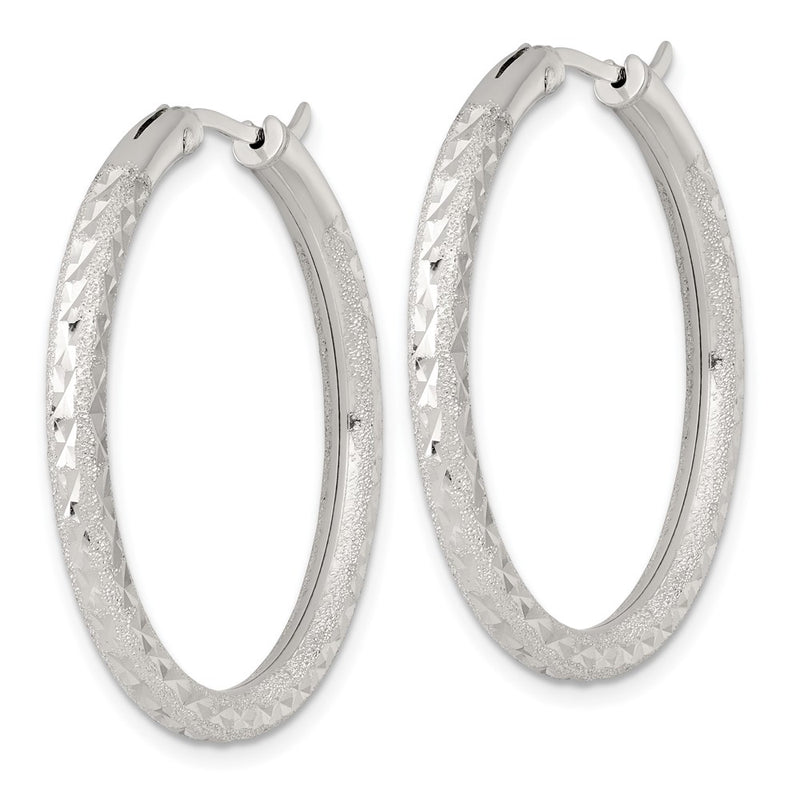 Sterling Silver Laser/dia-Cut 35x3.25mm Hidden Catch Round Hoop Earrings