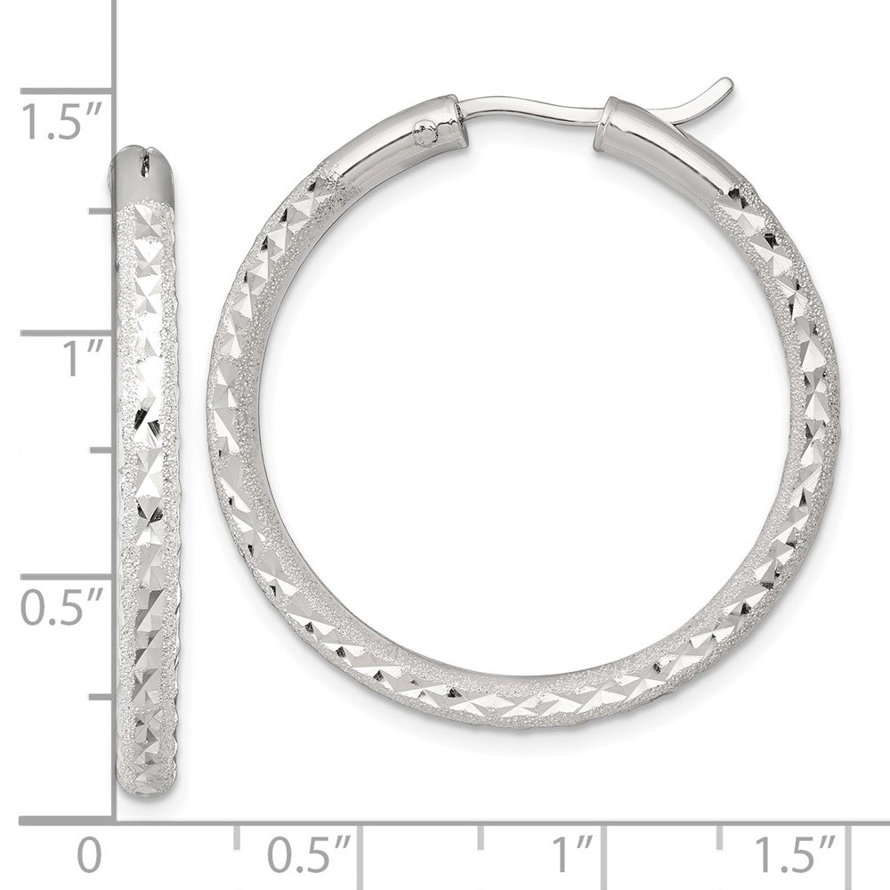 Sterling Silver Laser/dia-Cut 35x3.25mm Hidden Catch Round Hoop Earrings