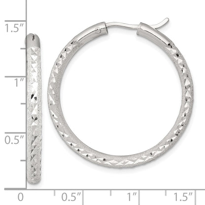 Sterling Silver Laser/dia-Cut 35x3.25mm Hidden Catch Round Hoop Earrings