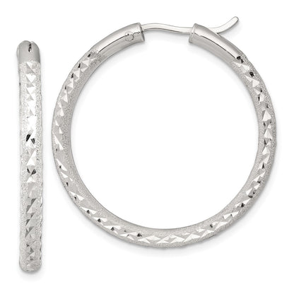 Sterling Silver Laser/dia-Cut 35x3.25mm Hidden Catch Round Hoop Earrings