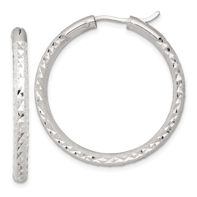 Sterling Silver Laser/dia-Cut 35x3.25mm Hidden Catch Round Hoop Earrings