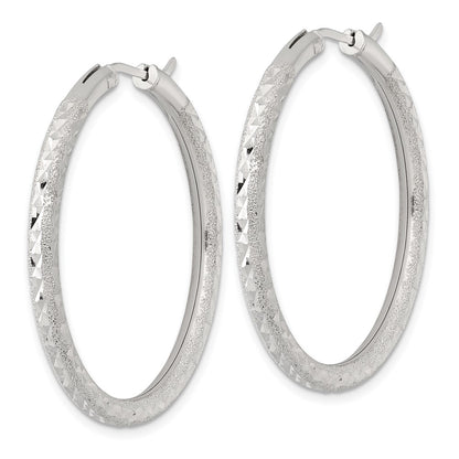 Sterling Silver Laser/dia-Cut 40x3.25mm Hidden Catch Round Hoop Earrings