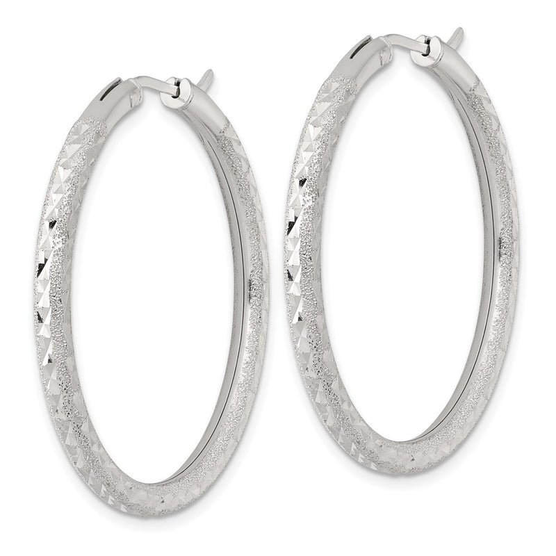 Sterling Silver Laser/dia-Cut 40x3.25mm Hidden Catch Round Hoop Earrings
