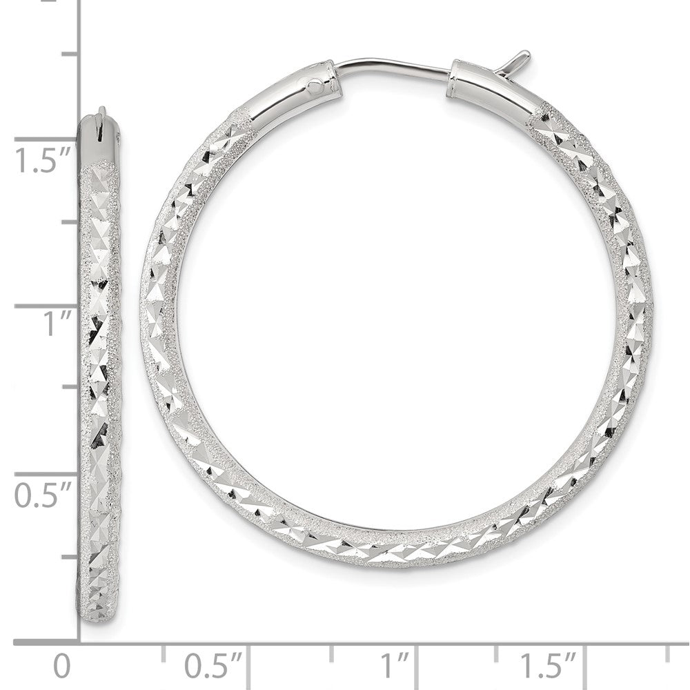 Sterling Silver Laser/dia-Cut 40x3.25mm Hidden Catch Round Hoop Earrings