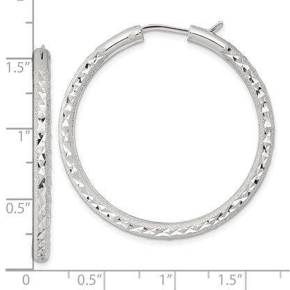 Sterling Silver Laser/dia-Cut 40x3.25mm Hidden Catch Round Hoop Earrings