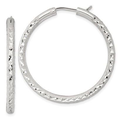 Sterling Silver Laser/dia-Cut 40x3.25mm Hidden Catch Round Hoop Earrings