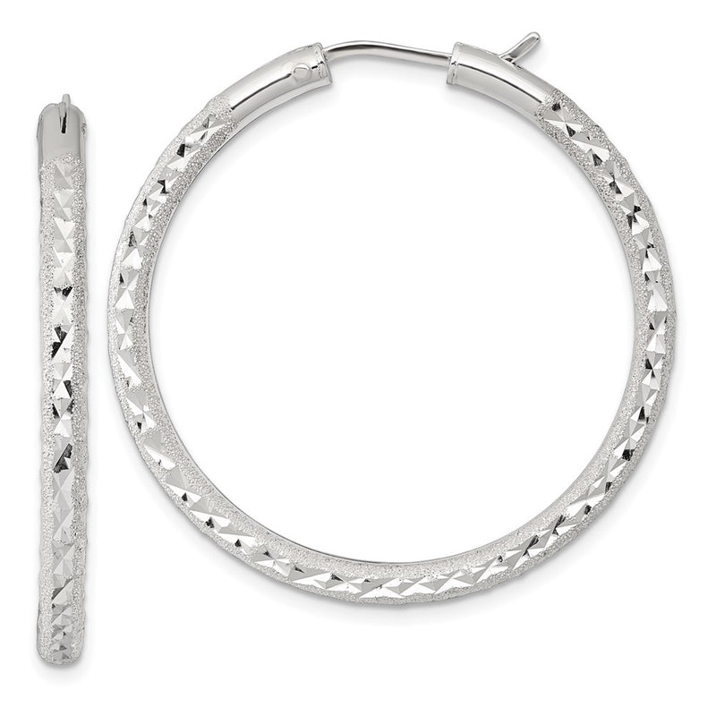 Sterling Silver Laser/dia-Cut 40x3.25mm Hidden Catch Round Hoop Earrings