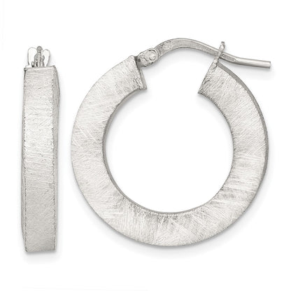 Sterling Silver Polished Brushed Textured Square Tube Hoop Earrings