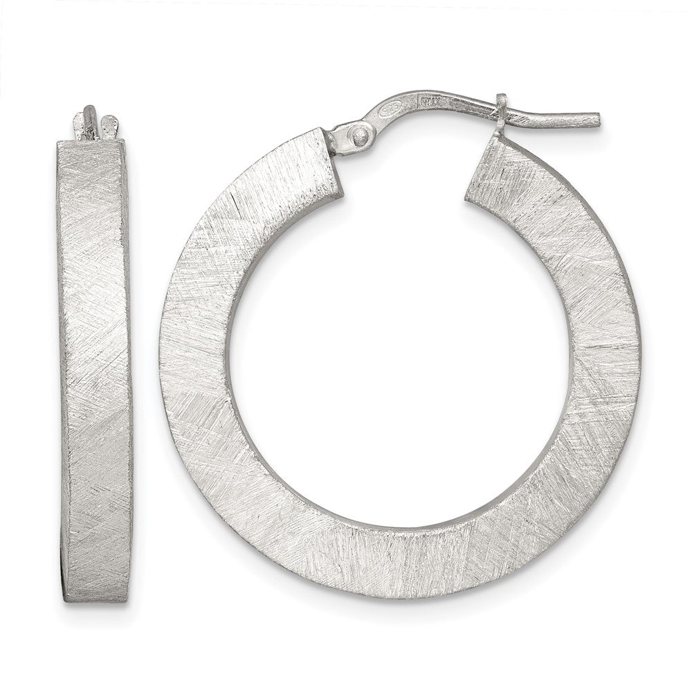Sterling Silver Polished Brushed Textured Square Tube Hoop Earrings