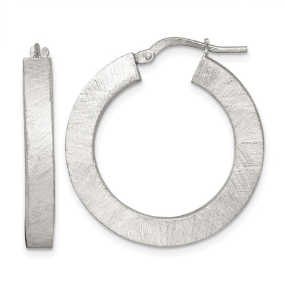 Sterling Silver Polished Brushed Textured Square Tube Hoop Earrings