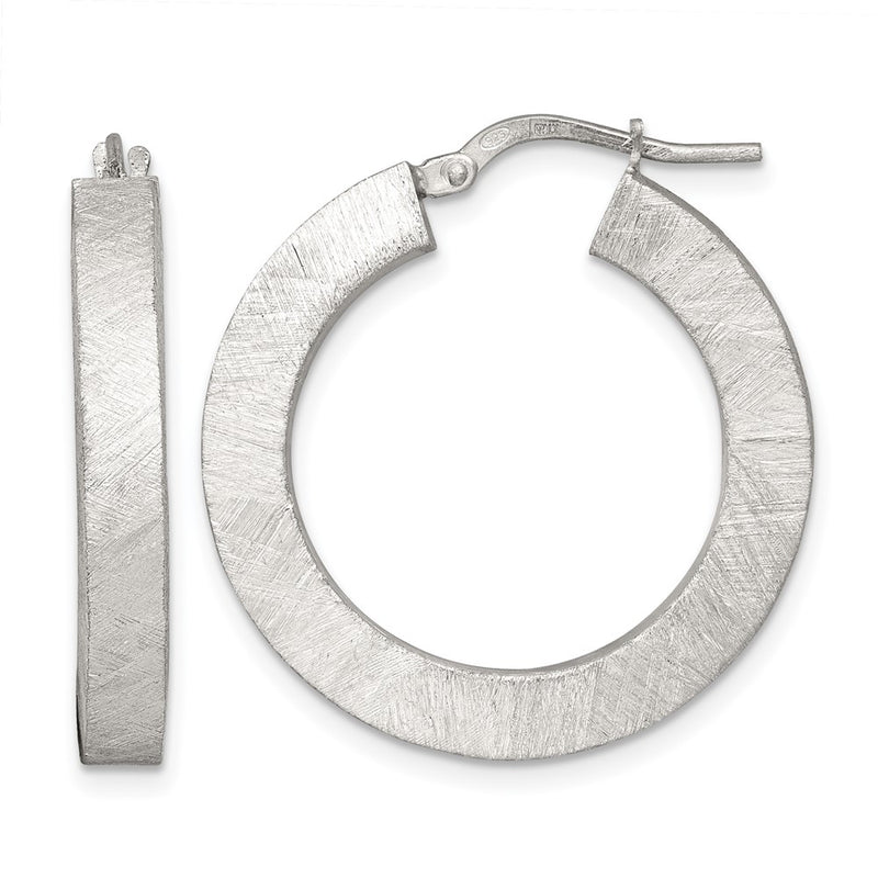 Sterling Silver Polished Brushed Textured Square Tube Hoop Earrings