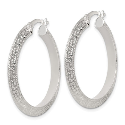 Sterling Silver Textured 35x4.0mm Knife Edge Greek Key Round Hoop Earrings