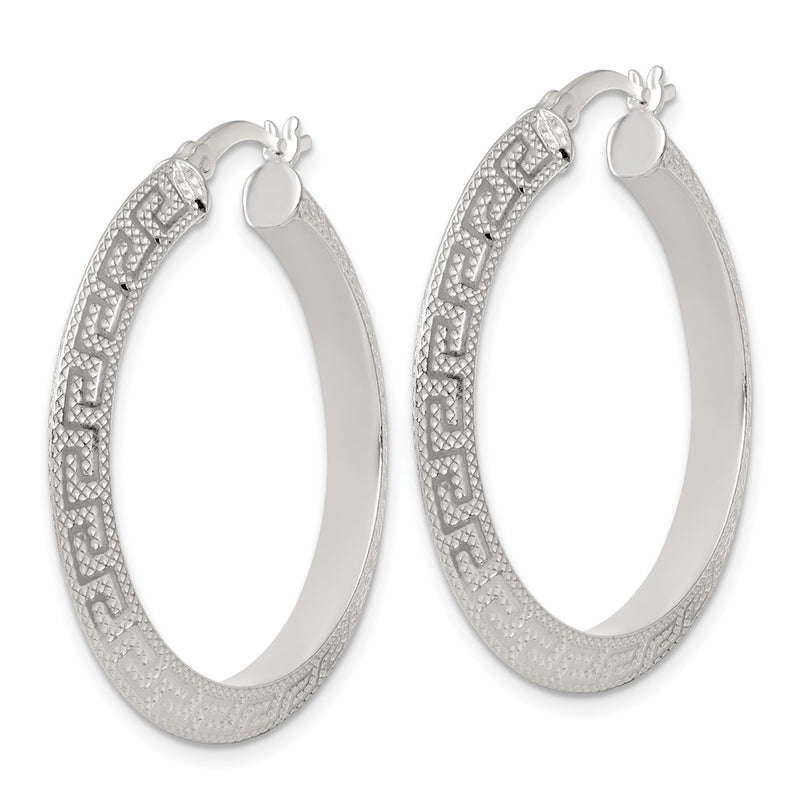 Sterling Silver Textured 35x4.0mm Knife Edge Greek Key Round Hoop Earrings
