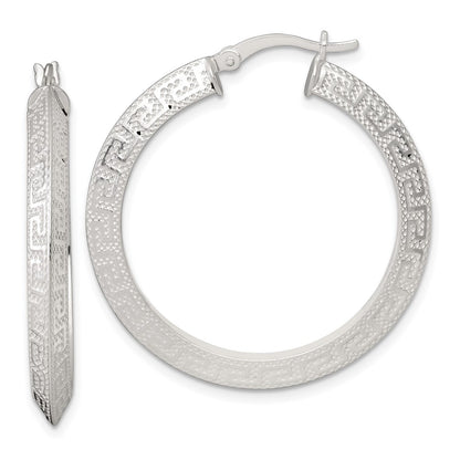 Sterling Silver Textured 35x4.0mm Knife Edge Greek Key Round Hoop Earrings