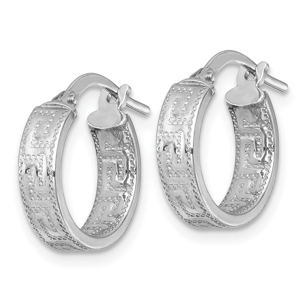 Sterling Silver Rhodium Plated Polished Textured Greek Key Hoop Earrings