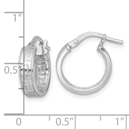 Sterling Silver Rhodium Plated Polished Textured Greek Key Hoop Earrings