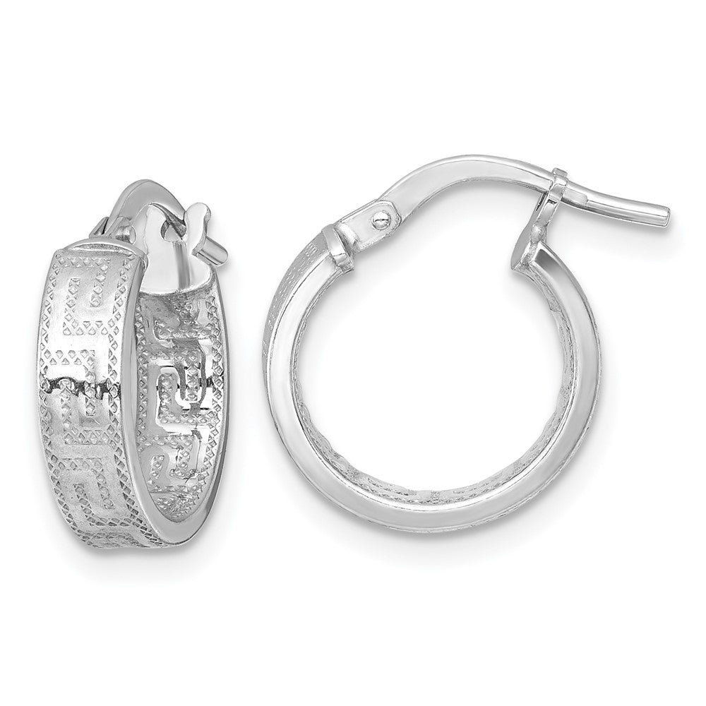 Sterling Silver Rhodium Plated Polished Textured Greek Key Hoop Earrings