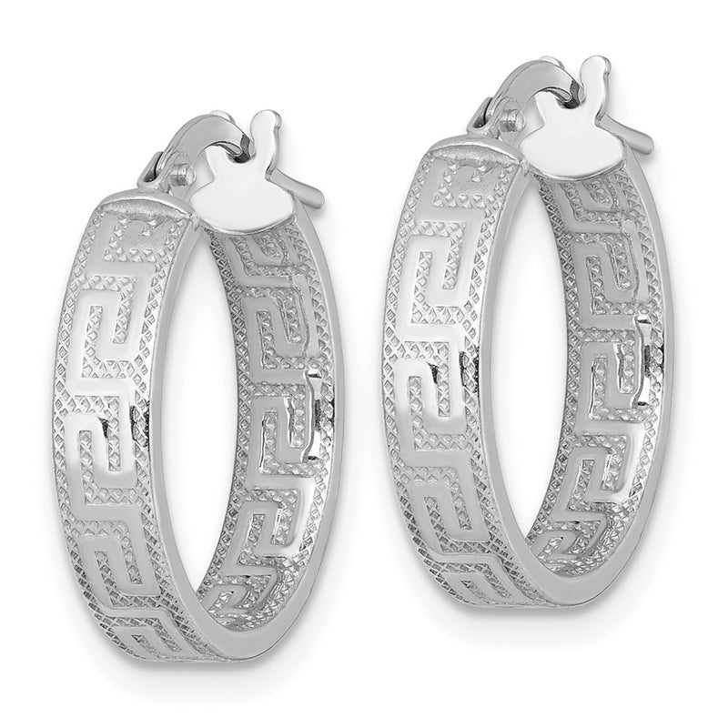 Sterling Silver Rhodium Plated Polished Textured Greek Key Hoop Earrings