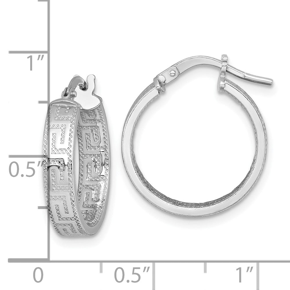 Sterling Silver Rhodium Plated Polished Textured Greek Key Hoop Earrings