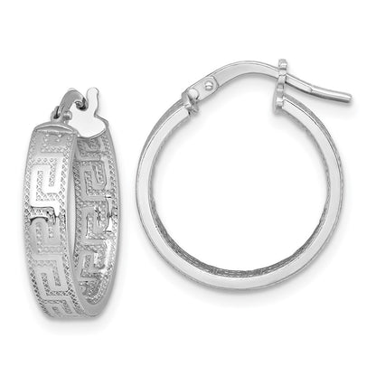 Sterling Silver Rhodium Plated Polished Textured Greek Key Hoop Earrings