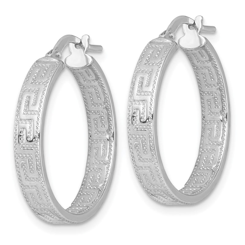 Sterling Silver Rhodium Plated Polished Textured Greek Key Hoop Earrings